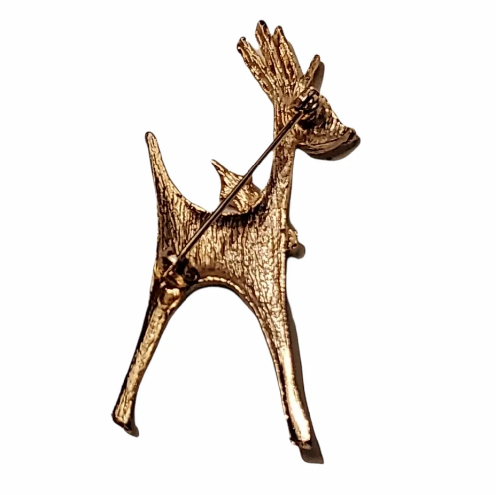 Unique Golden Reindeer Brooch with Crystal Eye & Holly Berry Wreath Collar